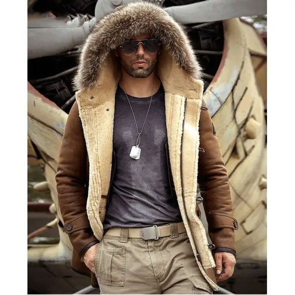 Mens Bomber Hooded Mink Fur Shearling Leather Long Jacket Coat