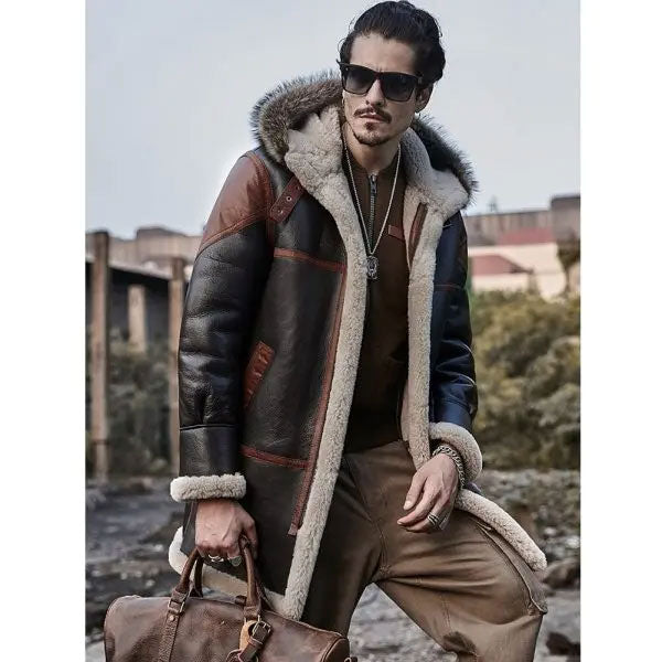 Mens Hooded Bomber Shearling Leather Jacket Trench Coat