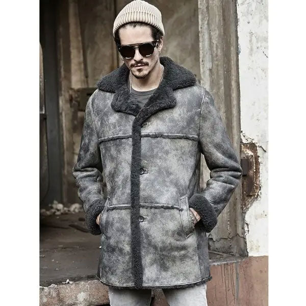 Mens Hunting Leather Shearling Bomber Trench Coat