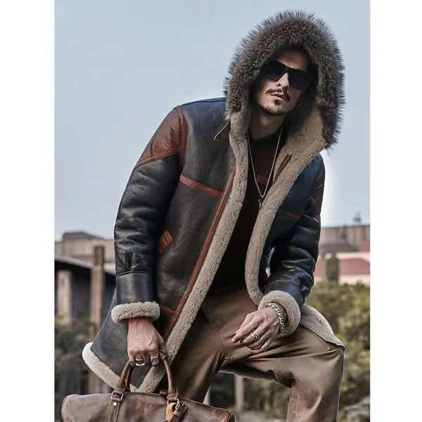 Mens Hooded Bomber Shearling Leather Jacket Trench Coat