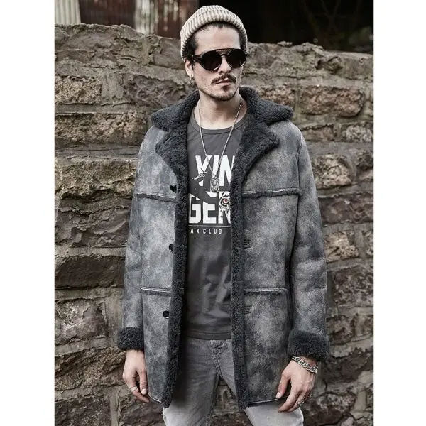 Mens Hunting Leather Shearling Bomber Trench Coat