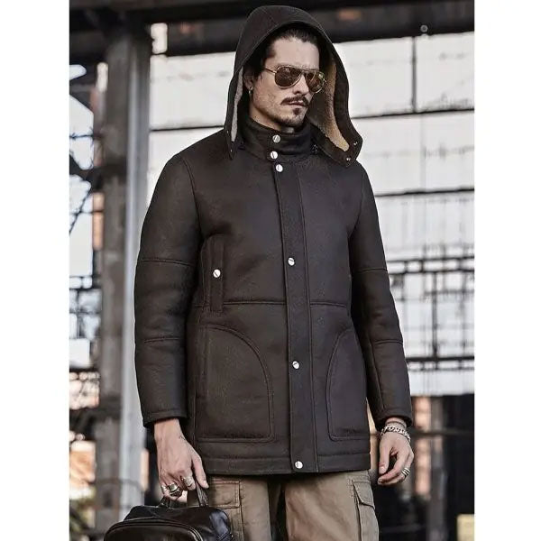 Mens Hooded Shearling Leather Long Trench Coat