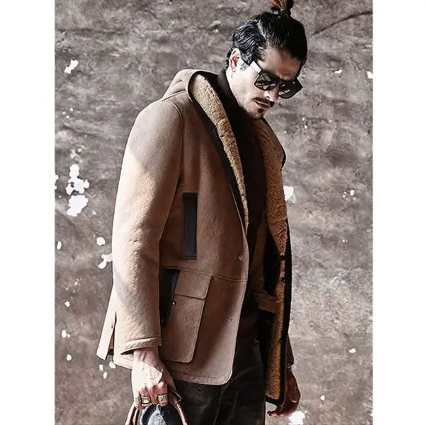 Mens Shearling Hooded Suede Leather Bomber Long Jacket Trench Coat