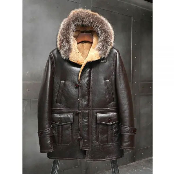 Mens Bomber Hooded Mink Fur Shearling Leather Long Jacket Coat