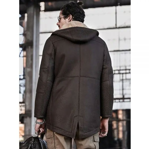 Mens Hooded Shearling Leather Long Trench Coat
