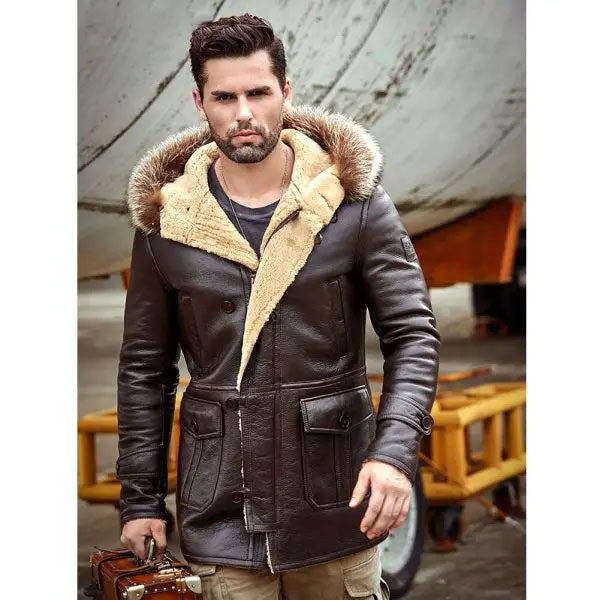 Mens Bomber Hooded Mink Fur Shearling Leather Long Jacket Coat