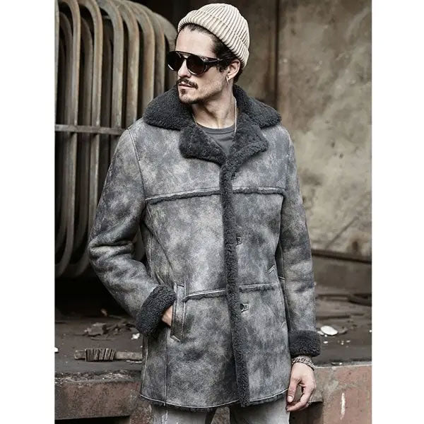 Mens Hunting Leather Shearling Bomber Trench Coat