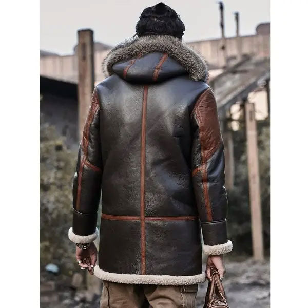 Mens Hooded Bomber Shearling Leather Jacket Trench Coat