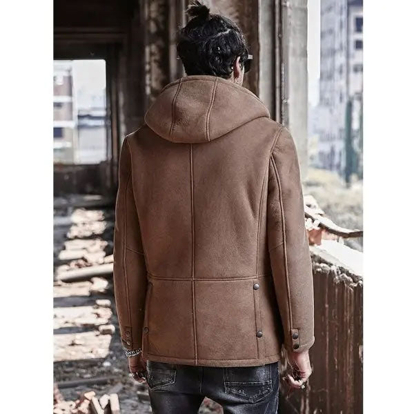 Mens Shearling Hooded Suede Leather Bomber Long Jacket Trench Coat