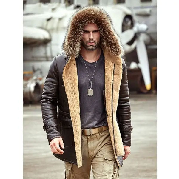 Mens Bomber Hooded Mink Fur Shearling Leather Long Jacket Coat