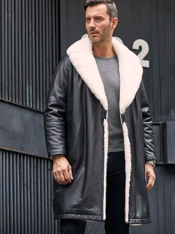 Mens Winter Shearling Fur Black Leather Long Trench Coat Outerwear