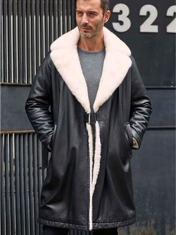 Mens Winter Shearling Fur Black Leather Long Trench Coat Outerwear