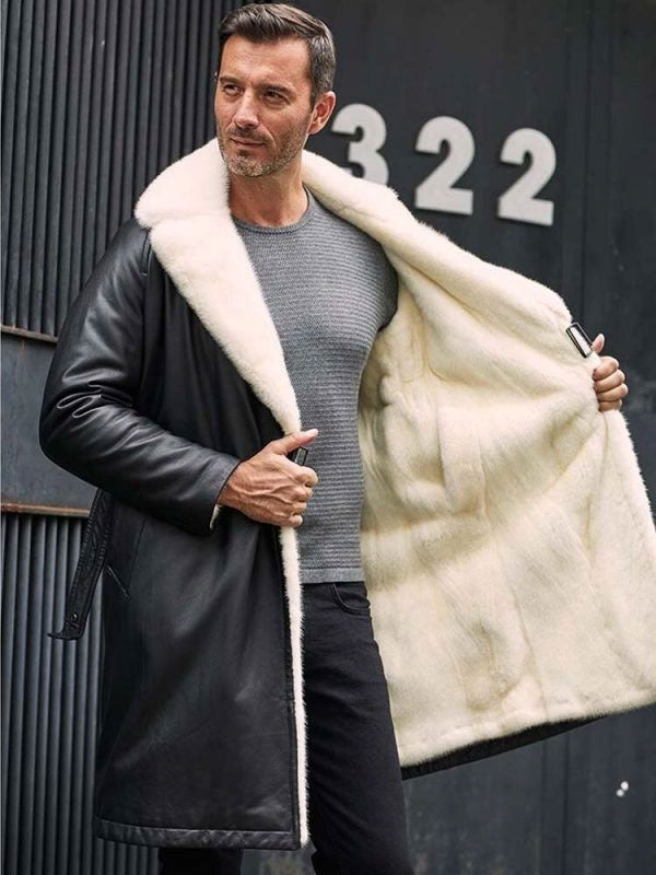 Mens Winter Shearling Fur Black Leather Long Trench Coat Outerwear