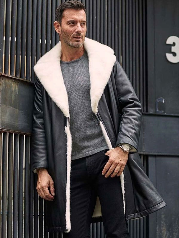 Mens Winter Shearling Fur Black Leather Long Trench Coat Outerwear