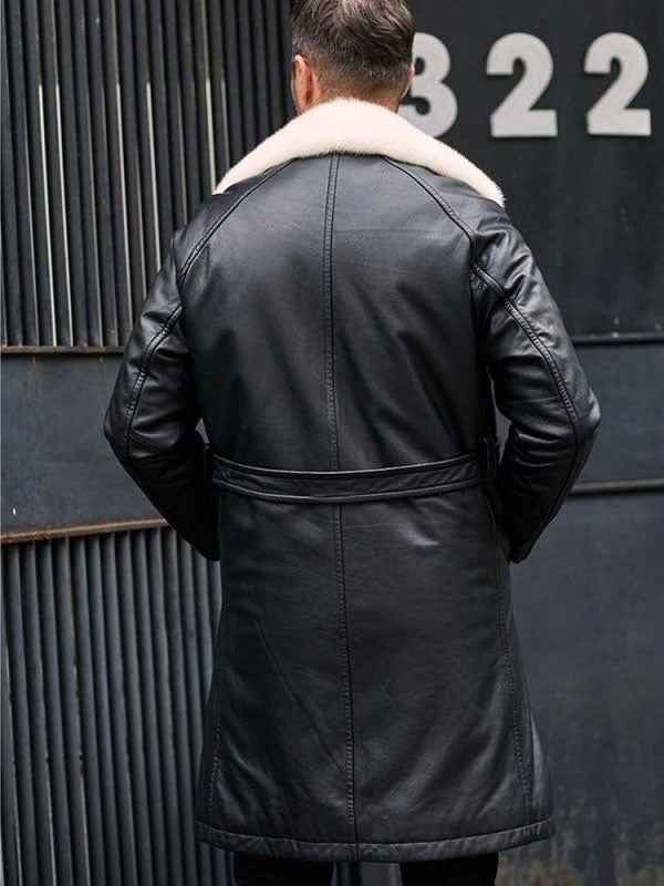 Mens Winter Shearling Fur Black Leather Long Trench Coat Outerwear