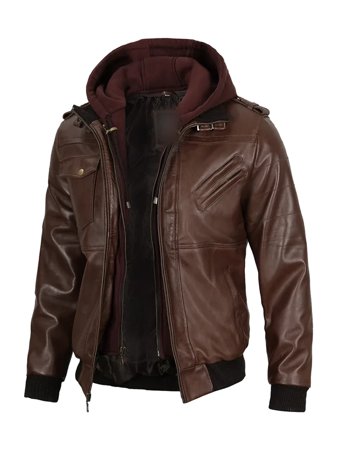 Dark brown hooded leather jacket