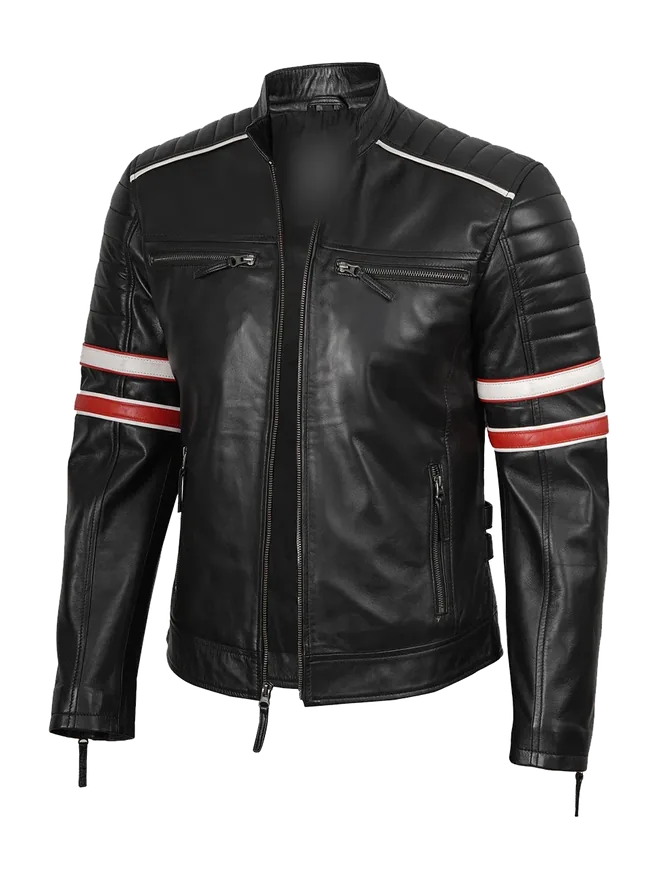 Black leather biker jacket with racing stripes