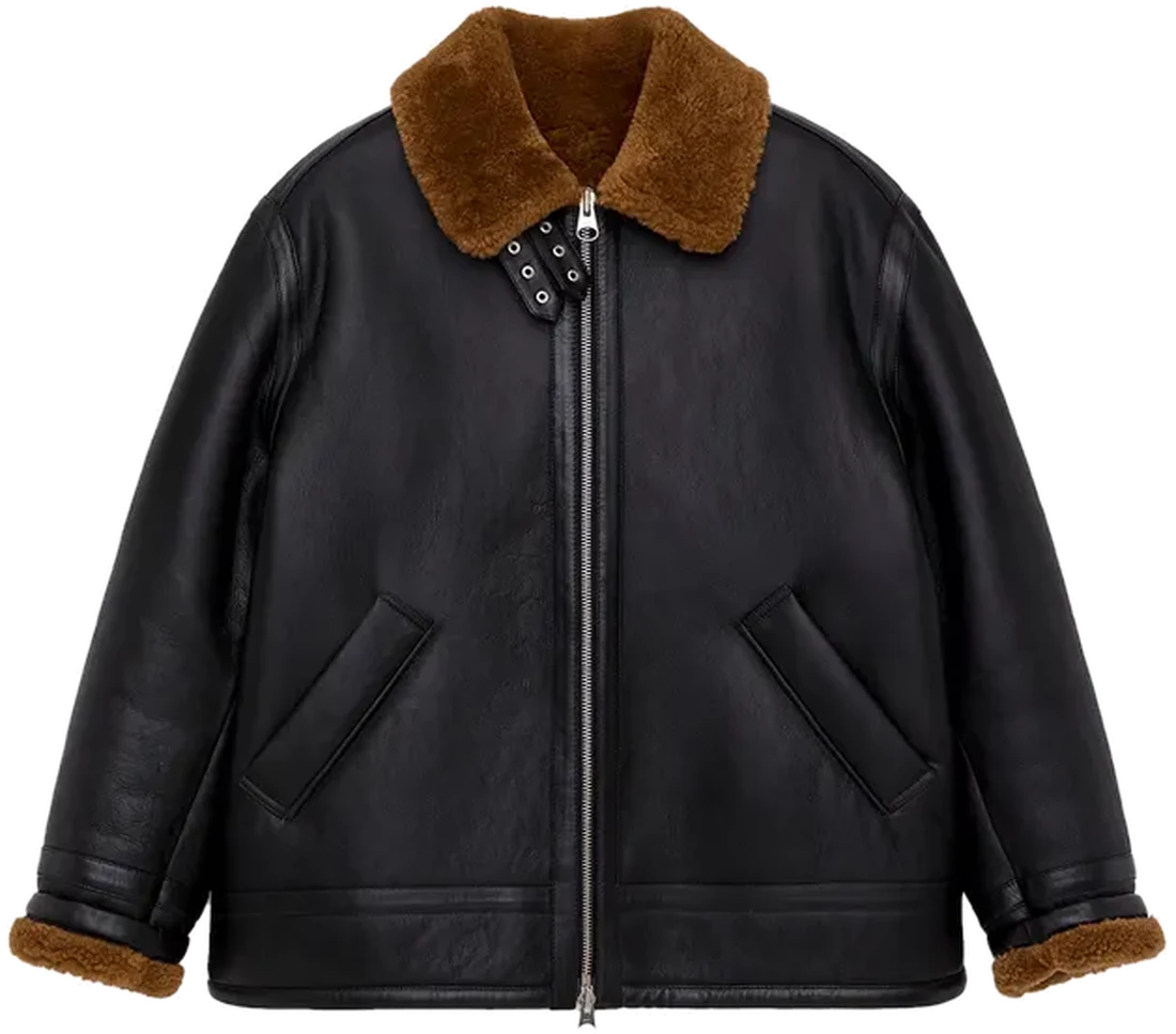 The Aviator B-3 in black leather with a shearling collar and cuffs